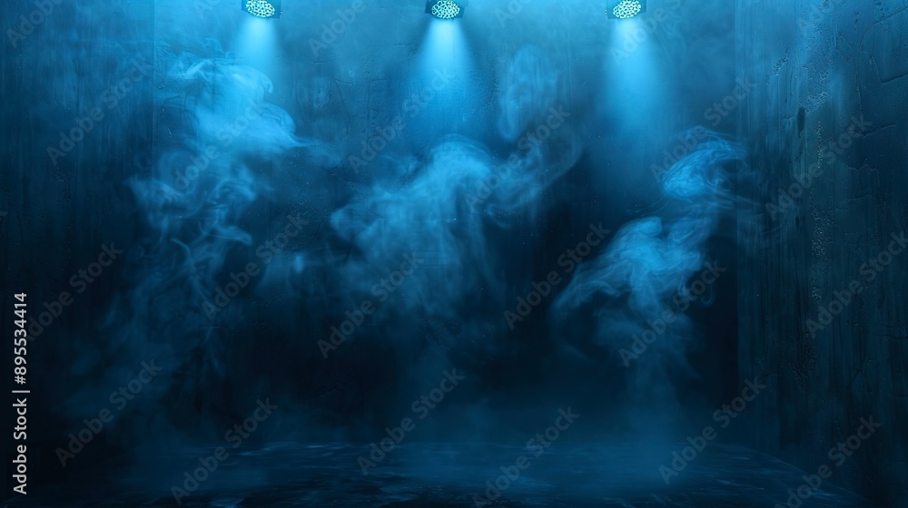 Dark and moody night scene with blue spotlights smoke and concrete textured wall creating grunge atmosphere for modern and edgy design room Dark and moody night scene with blue spotlights smoke and concrete textured wall creating grunge atmosphere for modern and edgy design room