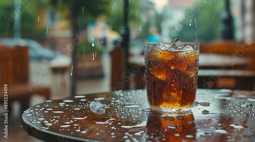 An outdoor table outside with a damp glass of cold cola with ice chunks