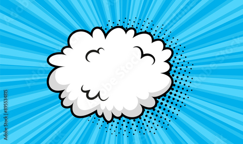 Cartoon smoke cloud background. Comic speed clouds on blue background. Retro frame with balloons and wind. Funny shapes in pop art style. Speech bubble element. Vector illustration.