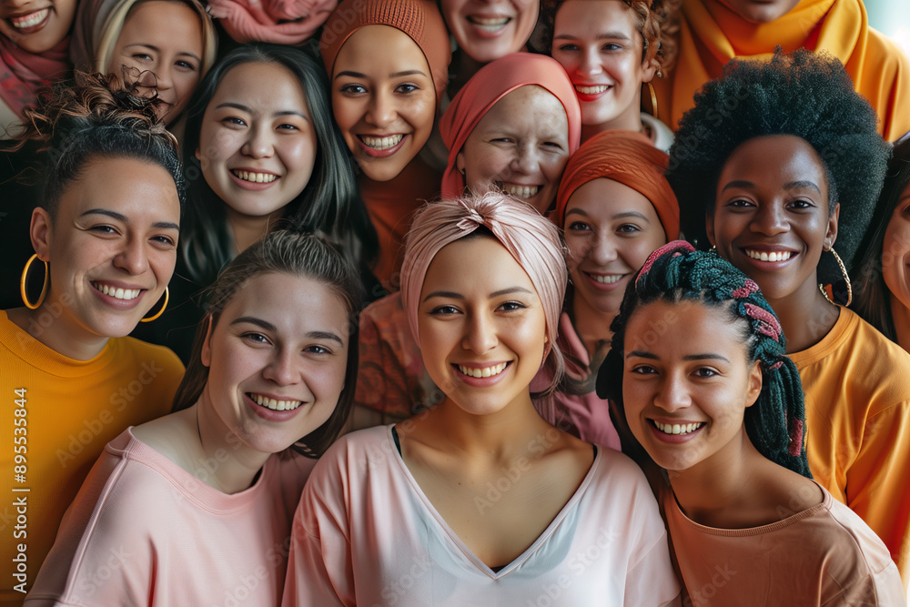 A vibrant and diverse group of women are seen smiling and bonding together, representing global unity, joy, and togetherness with colorful attire and cheerful expressions A vibrant and diverse group of women are seen smiling and bonding together, representing global unity, joy, and togetherness with colorful attire and cheerful expressions