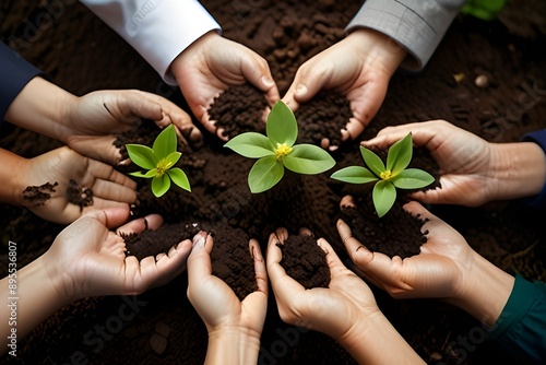 Hands, soil and sustainability with business people holding budding plants in dirt or earth closeup from above. Spring, nature and green with a group together for conservation or the environment Gener photo