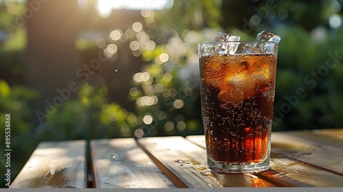 An outdoor table outside with a damp glass of cold cola with ice chunks