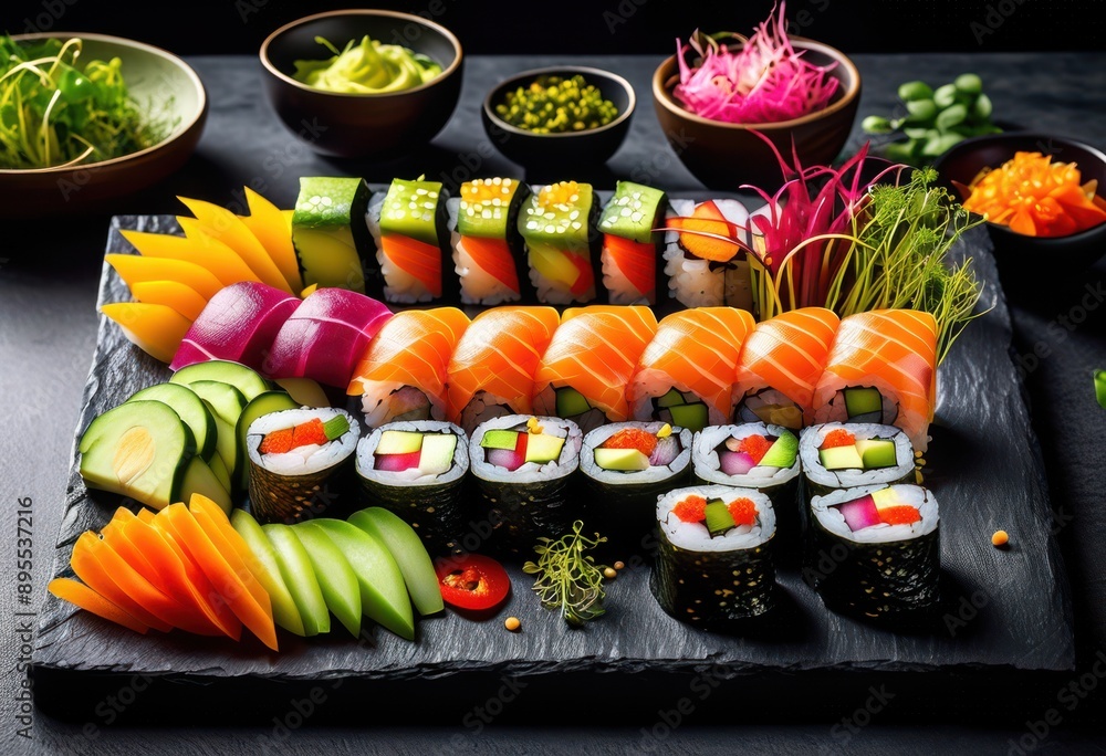 vibrant colorful veggie sushi artfully arranged fresh ingredients eye catching presentation delightful culinary experience, rolls, rice, seaweed, vegetables vibrant colorful veggie sushi artfully arranged fresh ingredients eye catching presentation delightful culinary experience, rolls, rice, seaweed, vegetables
