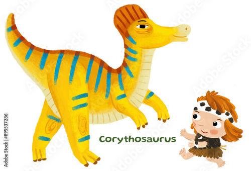 caveman human cartoon happy and funny colorful prehistoric dinosaur dino cerythosaurus isolated illustration with child pointing on animal photo