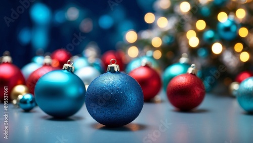 Christmas ornaments on blue background, festive holiday decorations for christmas and new year.