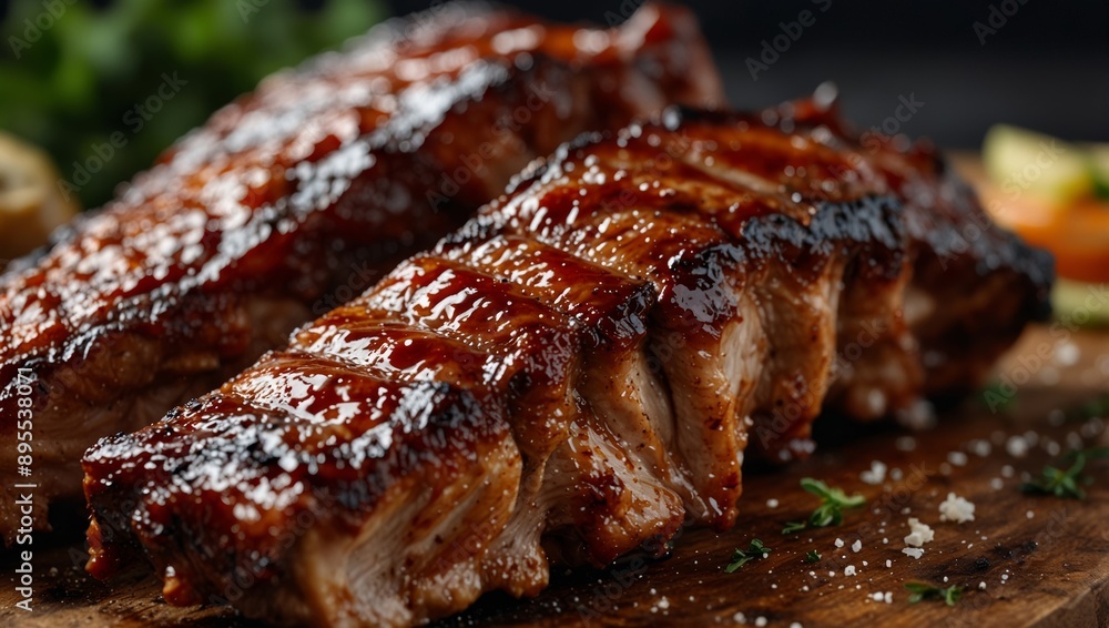 Close up of juicy barbecue pork ribs, expertly sliced and seasoned for mouthwatering delight. Close up of juicy barbecue pork ribs, expertly sliced and seasoned for mouthwatering delight.
