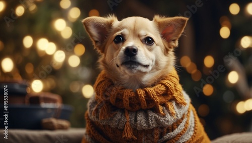 Cute dog in charming knitted attire spreads joy and laughter with its delightful outfit. photo