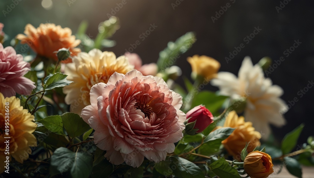 Elegant floral arrangement with ample space for text, ideal for creative designs and messages. Elegant floral arrangement with ample space for text, ideal for creative designs and messages.
