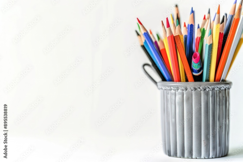 Detailed photo of stationery in a grey pencil pot, captured with studio lighting. Detailed photo of stationery in a grey pencil pot, captured with studio lighting.