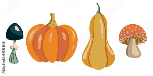 Harvest festival illustration. Vector illustration of fantasy pumpkin and mushrooms. Thanksgiving and Harvest Day set of objects in flat style. Set of stylized objects.