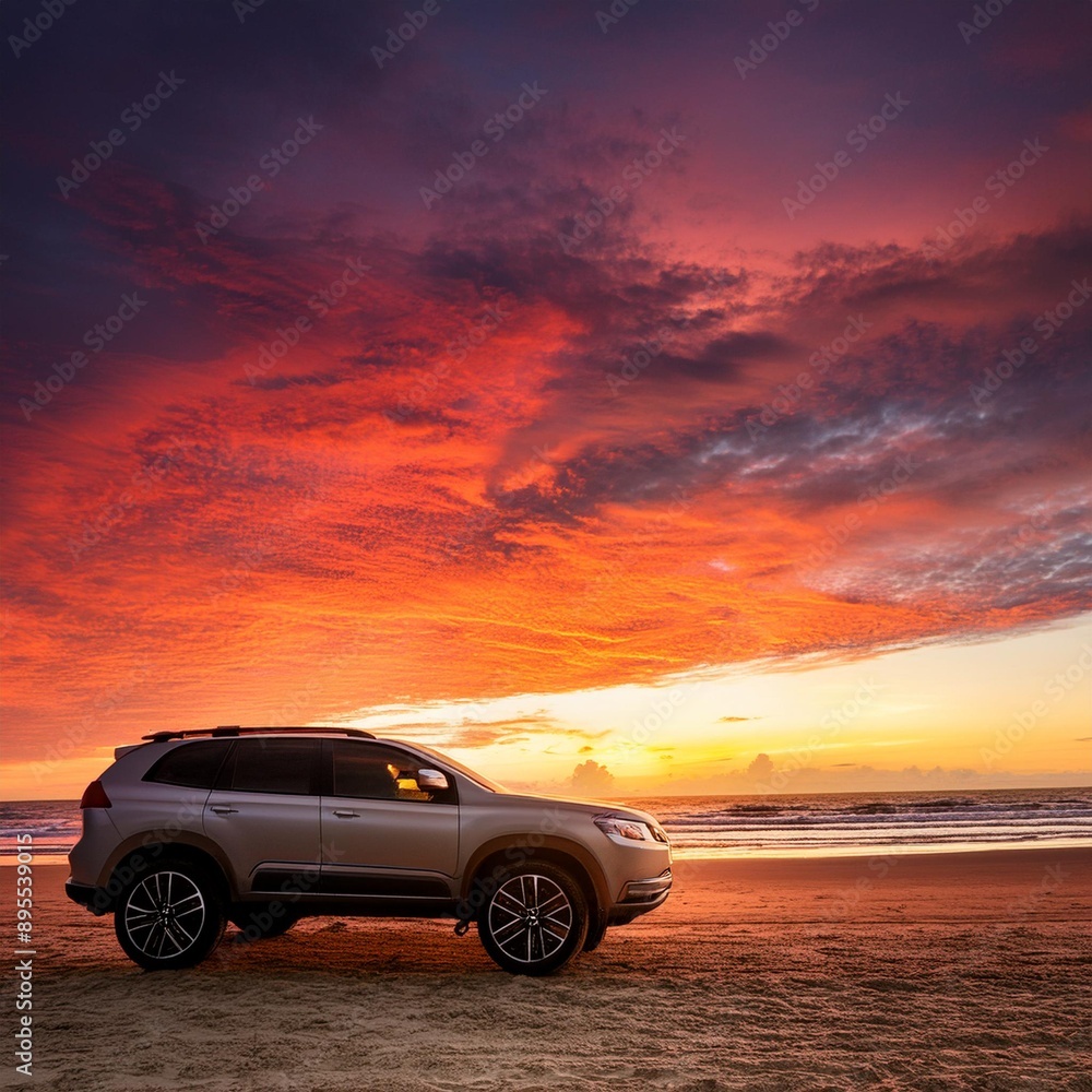 Sunset Elegance: Luxury SUV Parked on the Beach Sunset Elegance: Luxury SUV Parked on the Beach