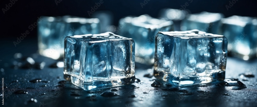 Chilled ice cubes with dew drops on blue surface in toned image for a refreshing concept. Chilled ice cubes with dew drops on blue surface in toned image for a refreshing concept.