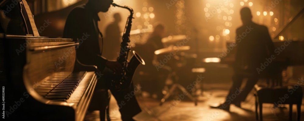 Naklejka premium Silhouette of a jazz musician playing saxophone with a piano in the foreground.