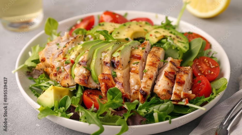 Grilled chicken salad with avocado, tomatoes, and mixed greens. Grilled chicken salad with avocado, tomatoes, and mixed greens.