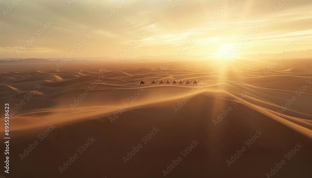 A caravan of camels walks through the desert at sunset.
