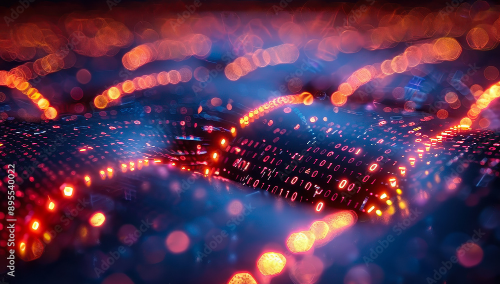 Fototapeta premium Abstract Digital Data Flow with Binary Code and Glowing Fiber Optics Representing Cybersecurity Technology, Night Scene, Futuristic Network Security Concept