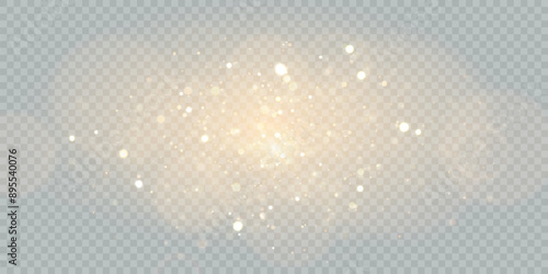 Sparkling Christmas gold particles of bright bokeh, glowing bokeh lights and glitter isolated on transparent background.