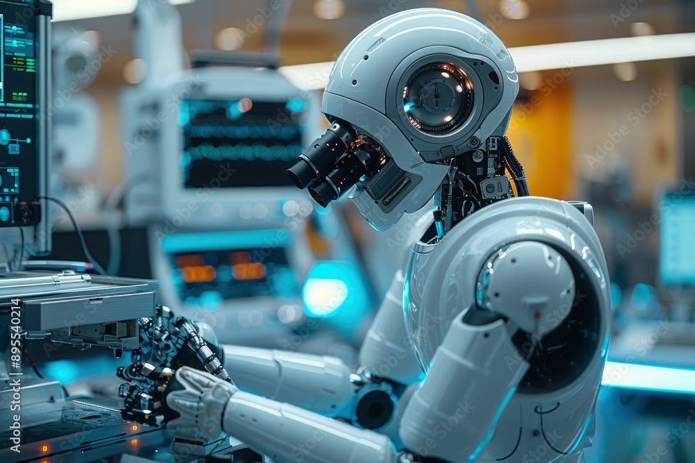 Fototapeta premium white robot in production on blurred background. future technology, innovation concept.