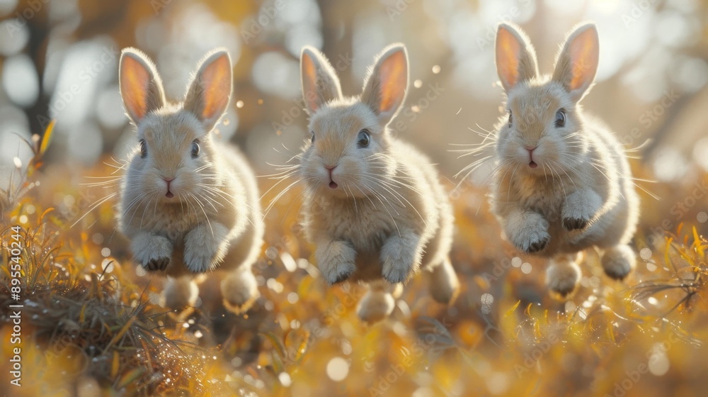 Adorable baby rabbits hopping in a sunlit field - generative ai Adorable baby rabbits hopping in a sunlit field - generative ai