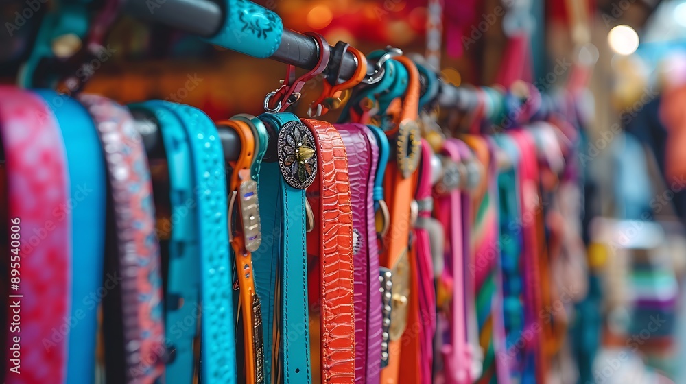 Fototapeta premium Colorful fashion belt hanging in front of shop