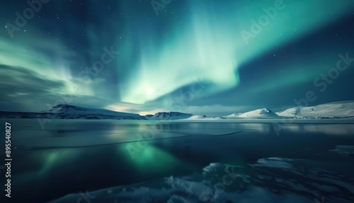 Stunning aurora borealis display over a frozen lake in Iceland.