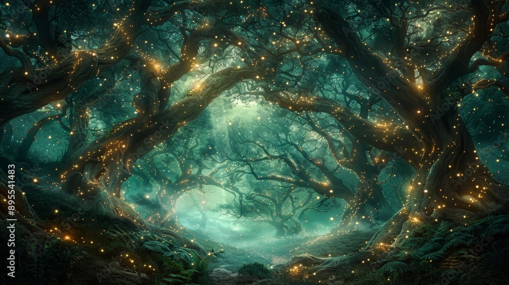 Obraz premium Enchanted forest with glowing lights - generative ai