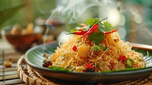 The national cuisine of Thailand. Crispy rice noodles with raisins (Mee Krob) Crispy (crunchy) rice noodle. photo