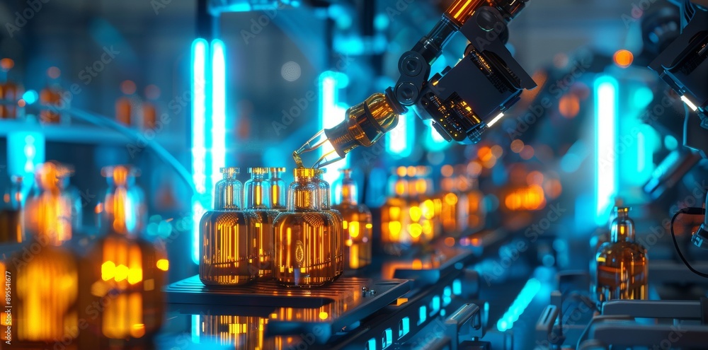 A futuristic bottling plant showcases robotic arms operating under neon blue lighting, meticulously filling crystalline bottles with a glowing amber liquid. A futuristic bottling plant showcases robotic arms operating under neon blue lighting, meticulously filling crystalline bottles with a glowing amber liquid.