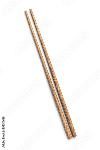 Pair of wooden chopsticks isolated on white background.