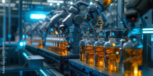 A futuristic bottling plant showcases robotic arms operating under neon blue lighting, meticulously filling crystalline bottles with a glowing amber liquid.