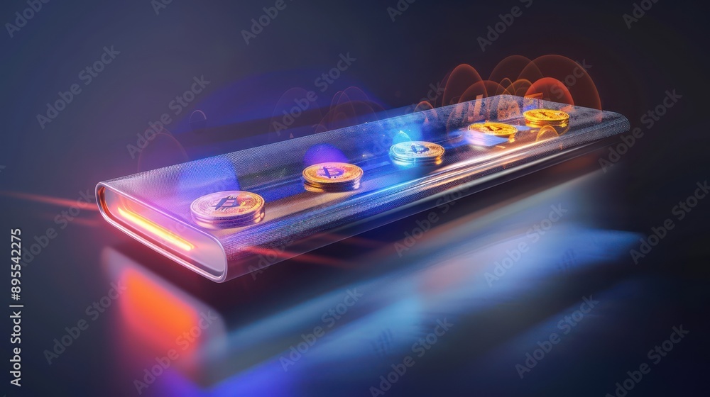 Naklejka premium conceptual visualization of a digital wallet, represented as a sleek, metallic device emitting a holographic display of virtual coins