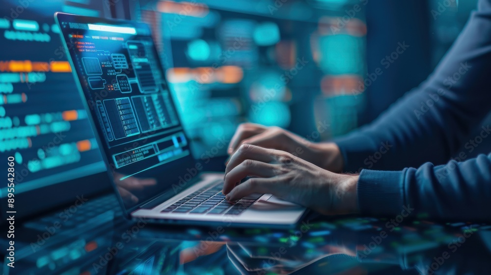 Hacker typing on a laptop with multiple screens showing stolen data, Identity Theft, cybercrime and data theft Hacker typing on a laptop with multiple screens showing stolen data, Identity Theft, cybercrime and data theft