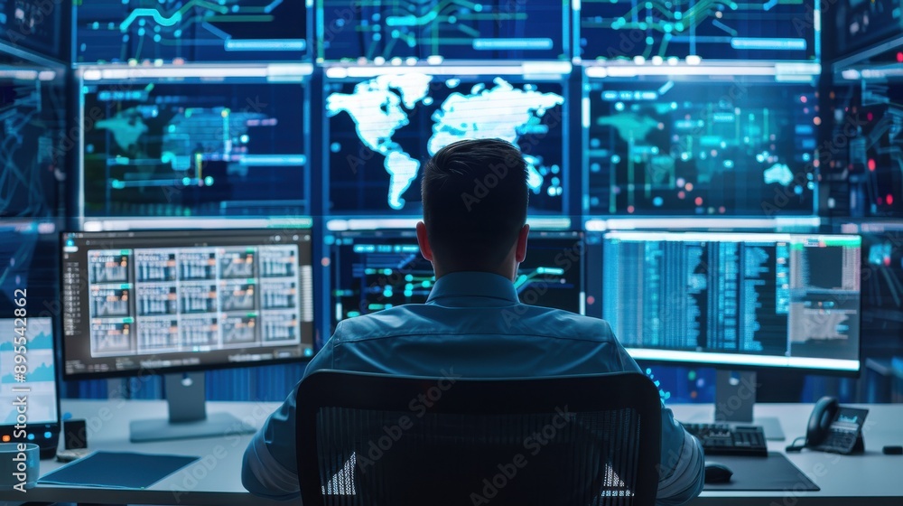 Hacker with multiple monitors displaying breached data, Betray, cyber manipulation and security breach Hacker with multiple monitors displaying breached data, Betray, cyber manipulation and security breach