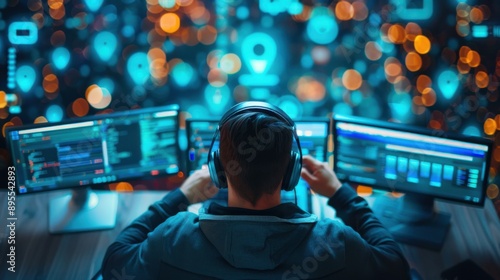 Hacker using multiple devices to infiltrate a network, Hacking, coordinated cyber assault and intrusion