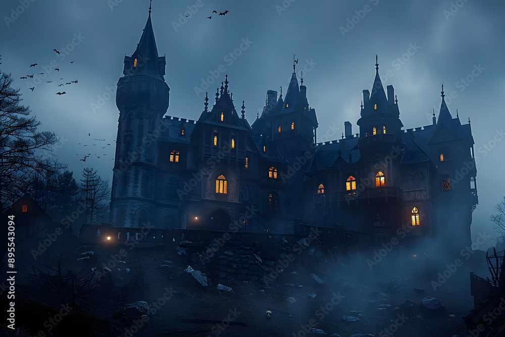 Spooky old gothic castle, foggy night, haunted mansion Spooky old gothic castle, foggy night, haunted mansion