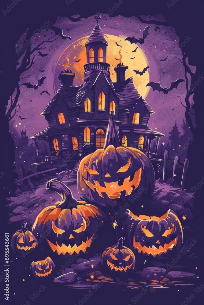 Fototapeta premium Graphic t-shirt design style halloween haunted house. Pumpkin heads. Purple background