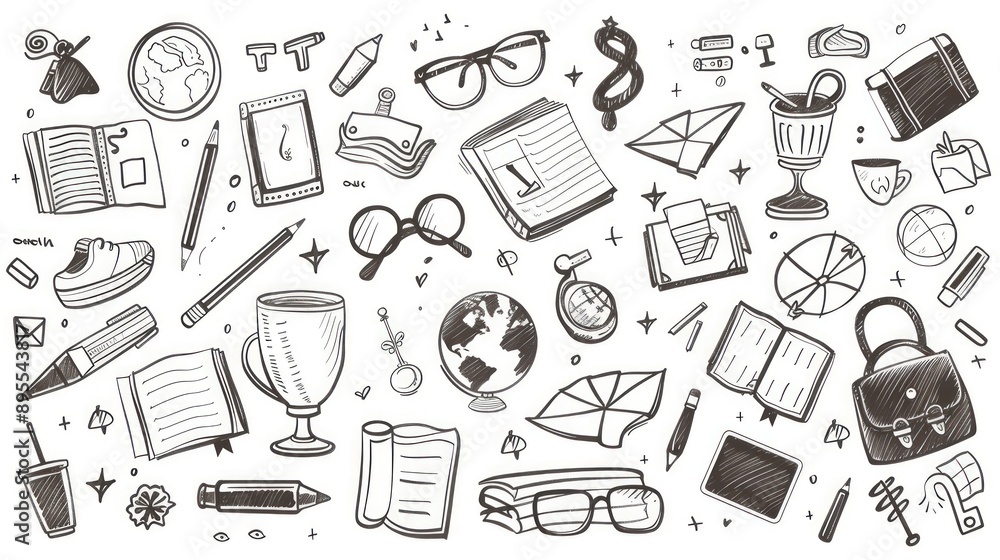 High resolution black and white vector of detailed school icons. High resolution black and white vector of detailed school icons.