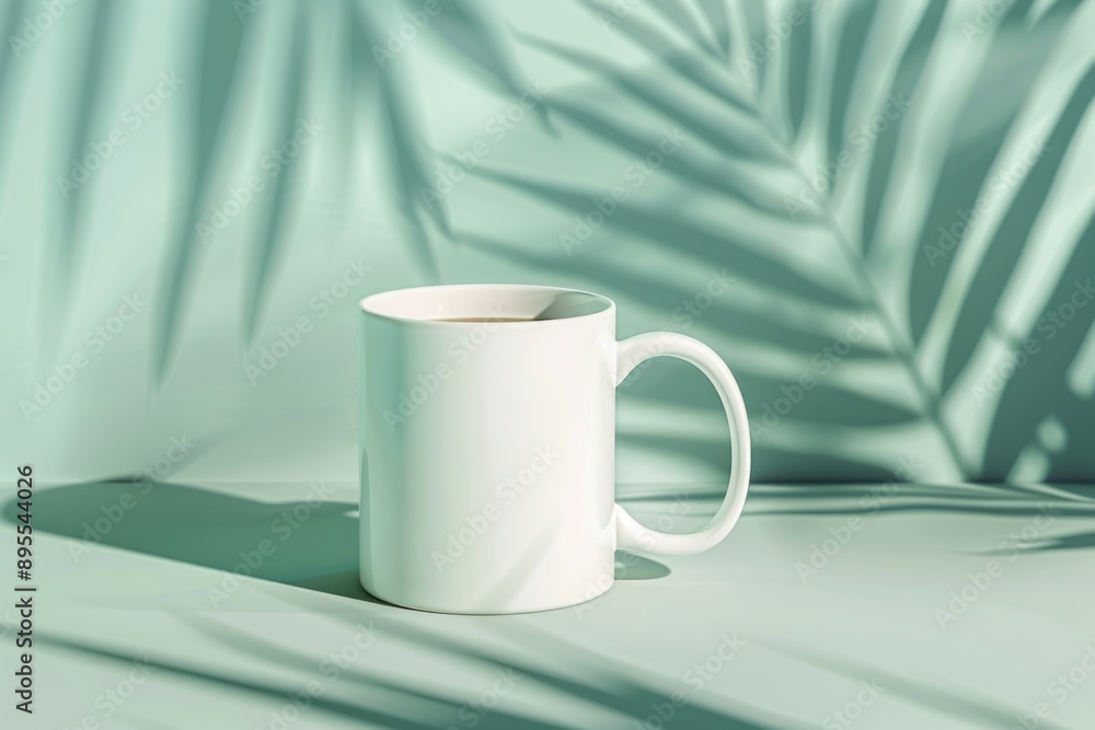 Minimalist White Mug with Tropical Leaf Shadows - Mockup Design for Print, Card, Poster Minimalist White Mug with Tropical Leaf Shadows - Mockup Design for Print, Card, Poster