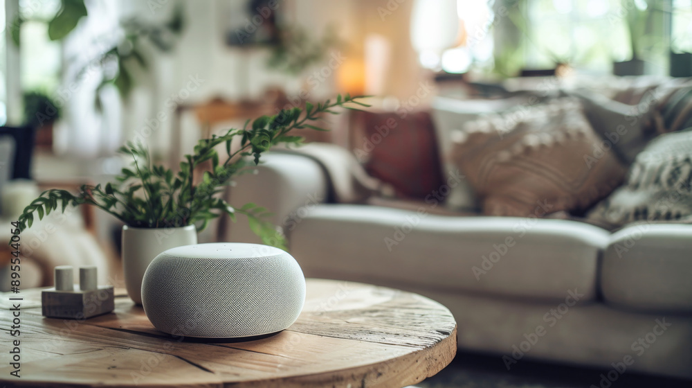 Smart speaker with AI assistant sits on a table in a cozy living room. It uses Wi-Fi to connect to the internet and help you with tasks like playing music, setting timers, and answering questions. Smart speaker with AI assistant sits on a table in a cozy living room. It uses Wi-Fi to connect to the internet and help you with tasks like playing music, setting timers, and answering questions.