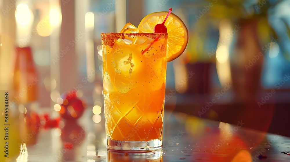 Glass of spicy smoothie made with lime soda cold water and golden spirits