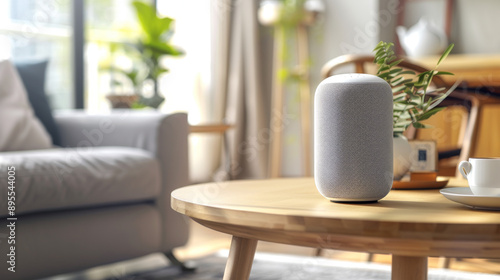 Smart speaker with AI assistant sits on a table in a cozy living room. It uses Wi-Fi to connect to the internet and help you with tasks like playing music, setting timers, and answering questions.