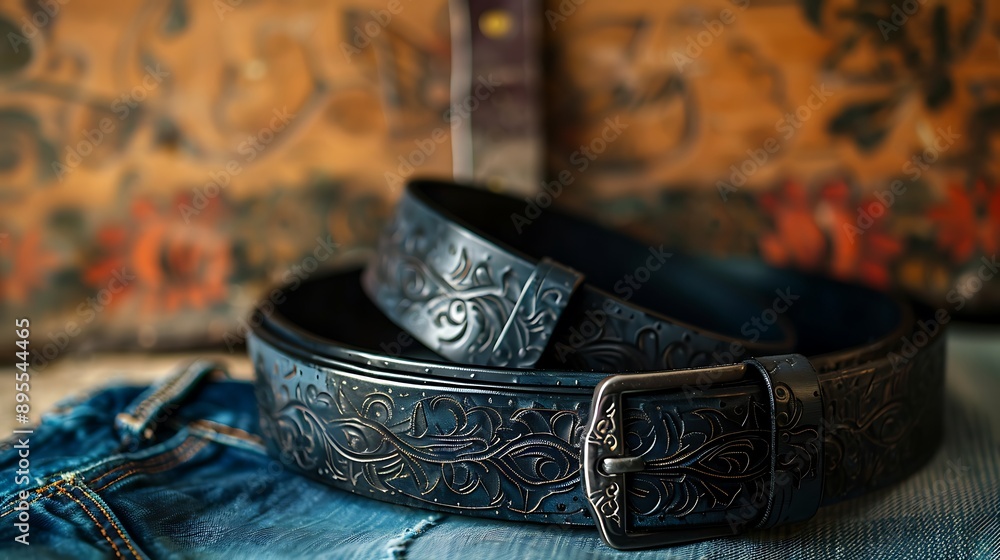 Graphic patterned black leather jeans belt on a rustic backdrop Graphic patterned black leather jeans belt on a rustic backdrop