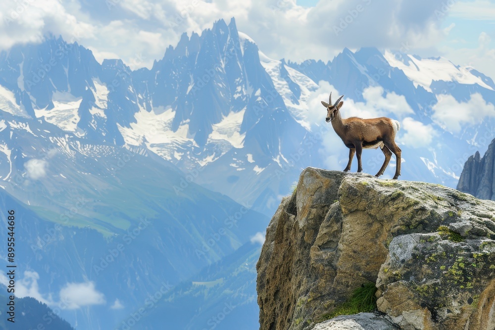 A picturesque image of a chamois standing on a rocky ledge in the Alps, with a dramatic backdrop of snow A picturesque image of a chamois standing on a rocky ledge in the Alps, with a dramatic backdrop of snow