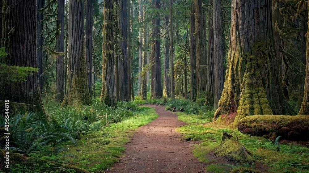 Naklejka premium Sunlight Through Tall Trees in a Lush Forest