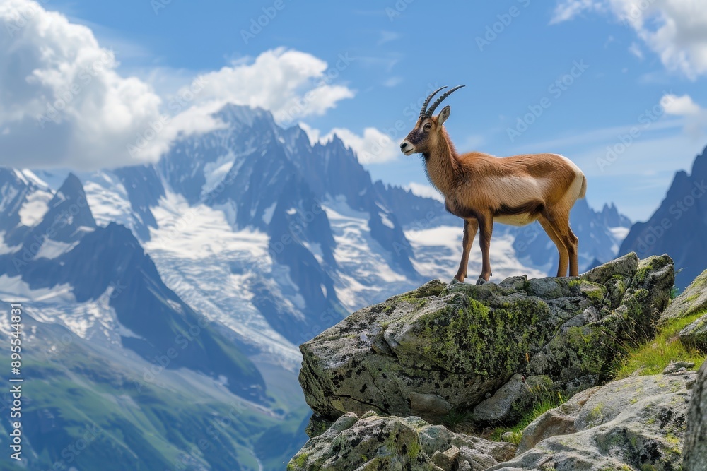 A picturesque image of a chamois standing on a rocky ledge in the Alps, with a dramatic backdrop of snow A picturesque image of a chamois standing on a rocky ledge in the Alps, with a dramatic backdrop of snow