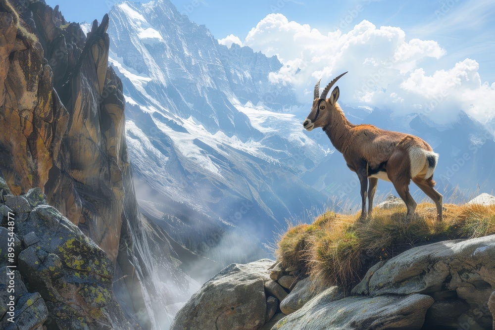 A picturesque image of a chamois standing on a rocky ledge in the Alps, with a dramatic backdrop of snow A picturesque image of a chamois standing on a rocky ledge in the Alps, with a dramatic backdrop of snow