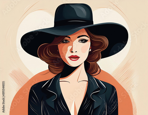 Wallpaper Mural Beautiful young woman in black hat and blouse. Retro style. Vector illustration. Torontodigital.ca