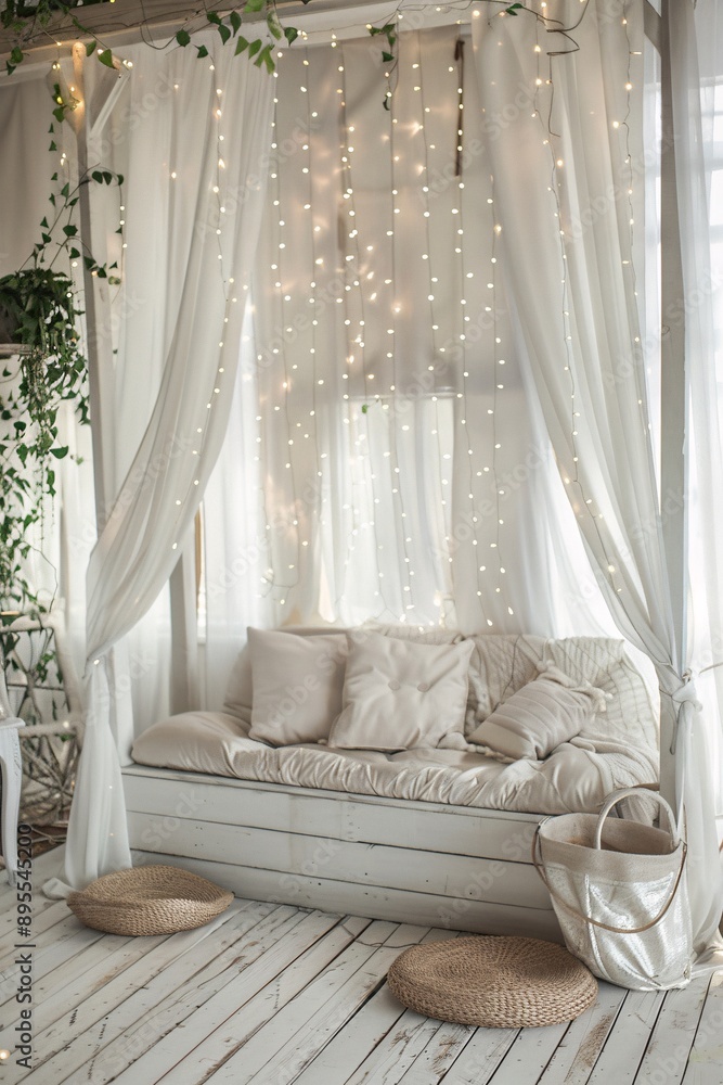 Cozy White Interior with String Lights and Cushions
