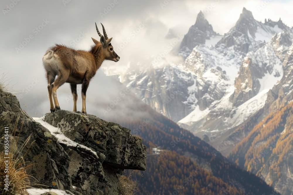 A picturesque image of a chamois standing on a rocky ledge in the Alps, with a dramatic backdrop of snow A picturesque image of a chamois standing on a rocky ledge in the Alps, with a dramatic backdrop of snow