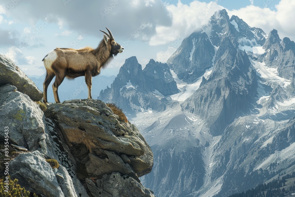 A picturesque image of a chamois standing on a rocky ledge in the Alps, with a dramatic backdrop of snow A picturesque image of a chamois standing on a rocky ledge in the Alps, with a dramatic backdrop of snow